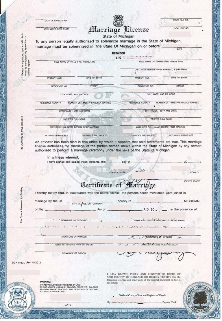 Marriage License And Certificate Of Marriage Michigan Beglaubigte 