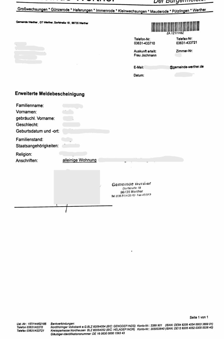 Erweiterte Meldebescheinigung (DE-EN) - Beglaubigte Übersetzungen