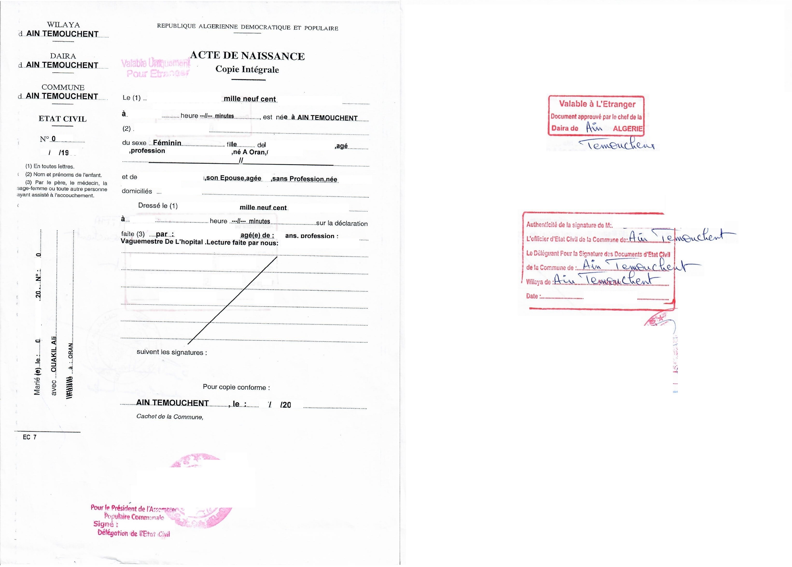 Acte de Naissance, Copie Intégrale, Algérie - Beglaubigte Übersetzungen