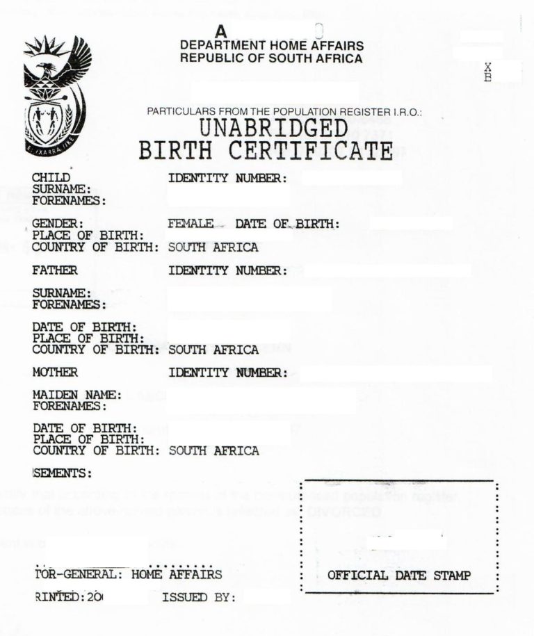 Unabridged Birth Certificate South Africa Beglaubigte bersetzungen