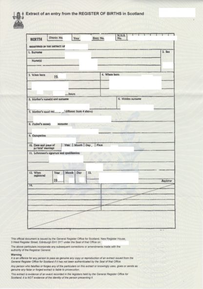 Extract of an Entry in a Register of Births (UK, Scotland