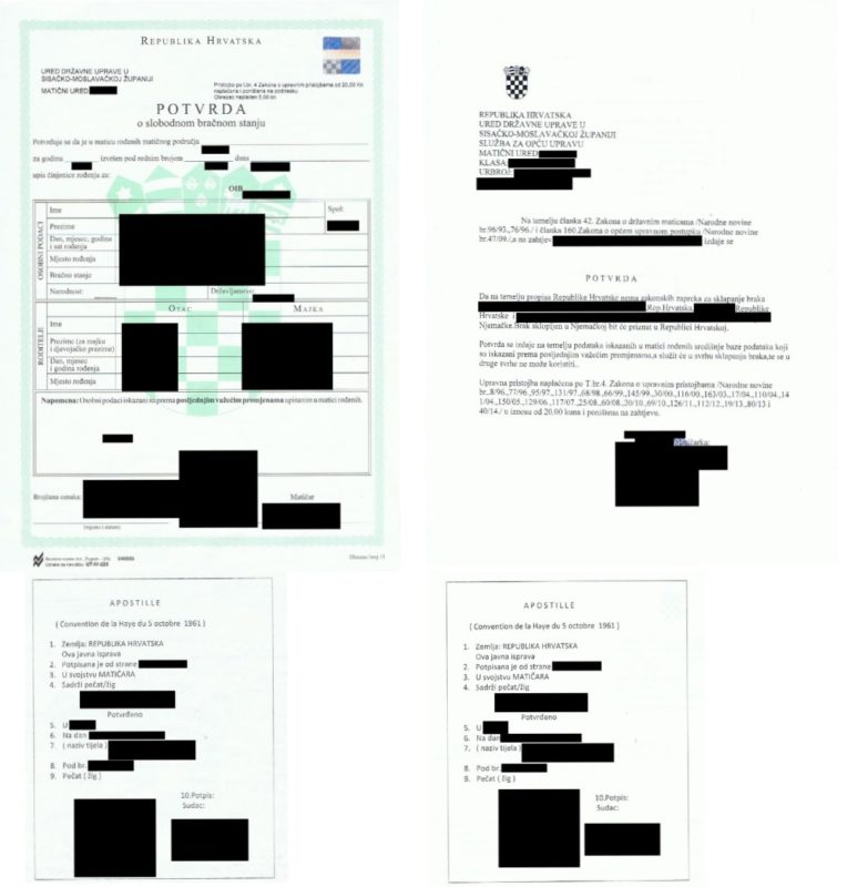 Potvrda o slobodnom bračnom stanju (Tabelle und Text) + Apostille (Hrvatska) Beglaubigte