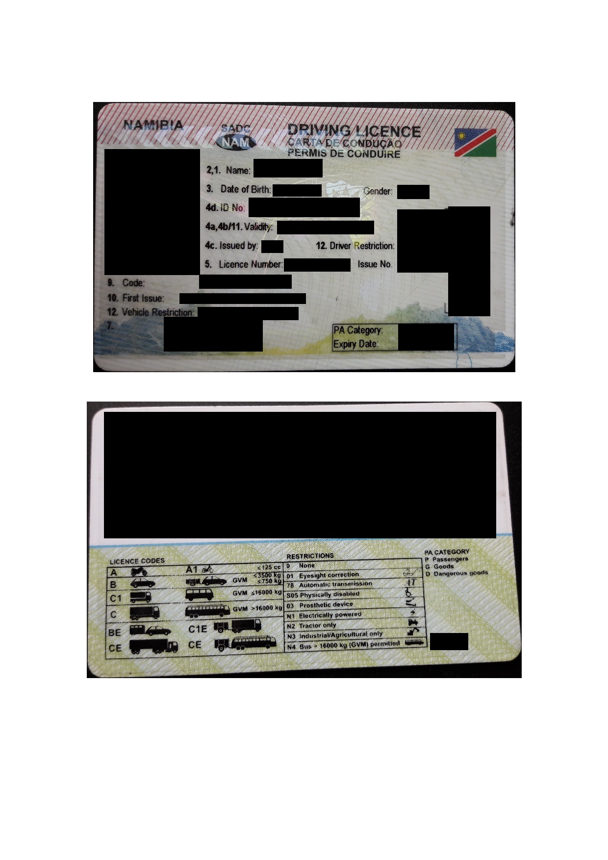 Driving Licence (Namibia) [Scheckkartenformat] - Beglaubigte Übersetzungen