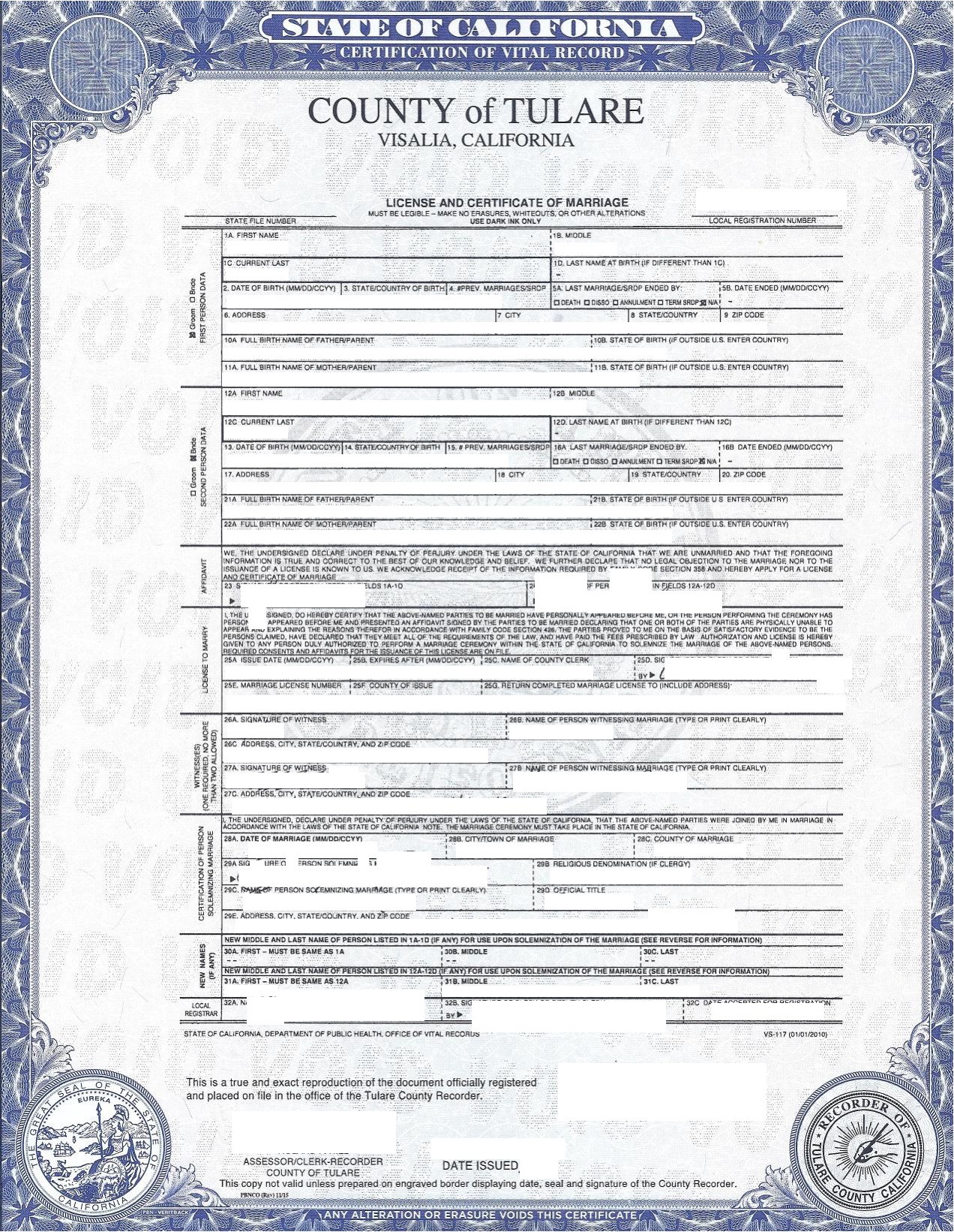 California Marriage License Template