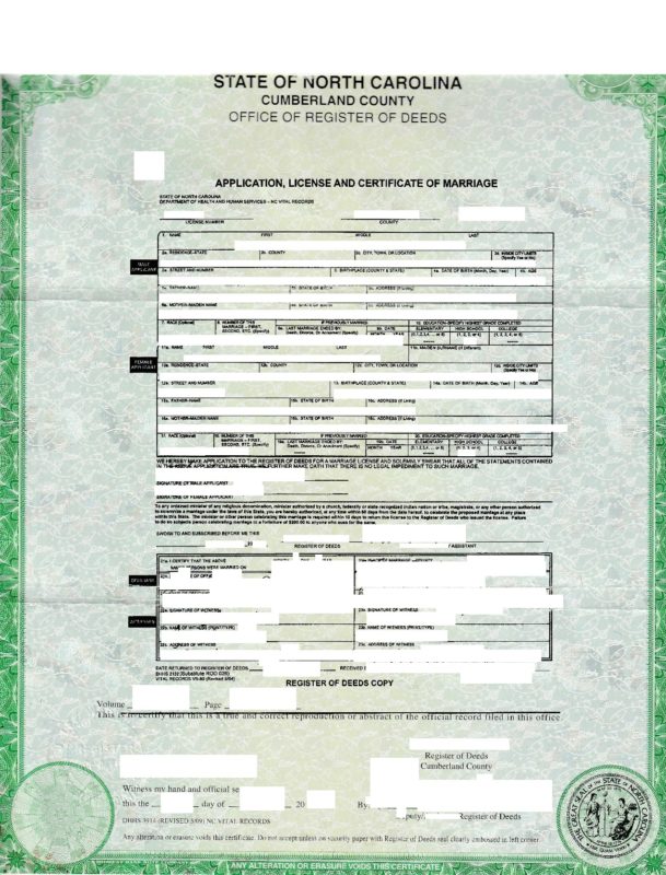 Application, License and Certificate of Marriage (USA, North Carolina