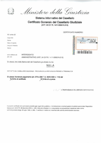 Certificato del Casellario Giudiziale - Polizeiliches Führungszeugnis – 1 Seite